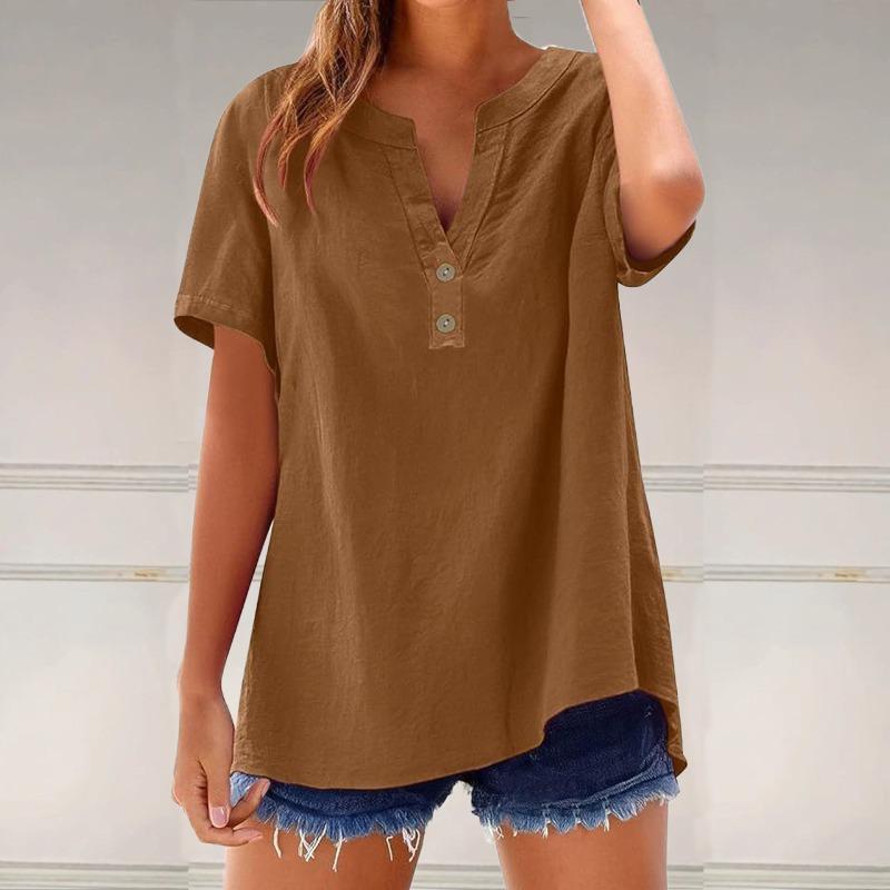 JPNTKY Women's Fashion Casual Solid Color Print Short Sleeve V Neck Blouses & Shirts