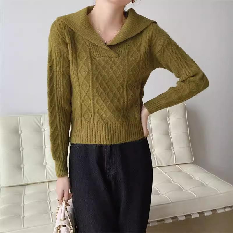 Loose Pullover Retro Sweater Hong Kong Style Women's Autumn and Winter New V-shaped Navy Collar Sweater Women's High-end Sense Versatile