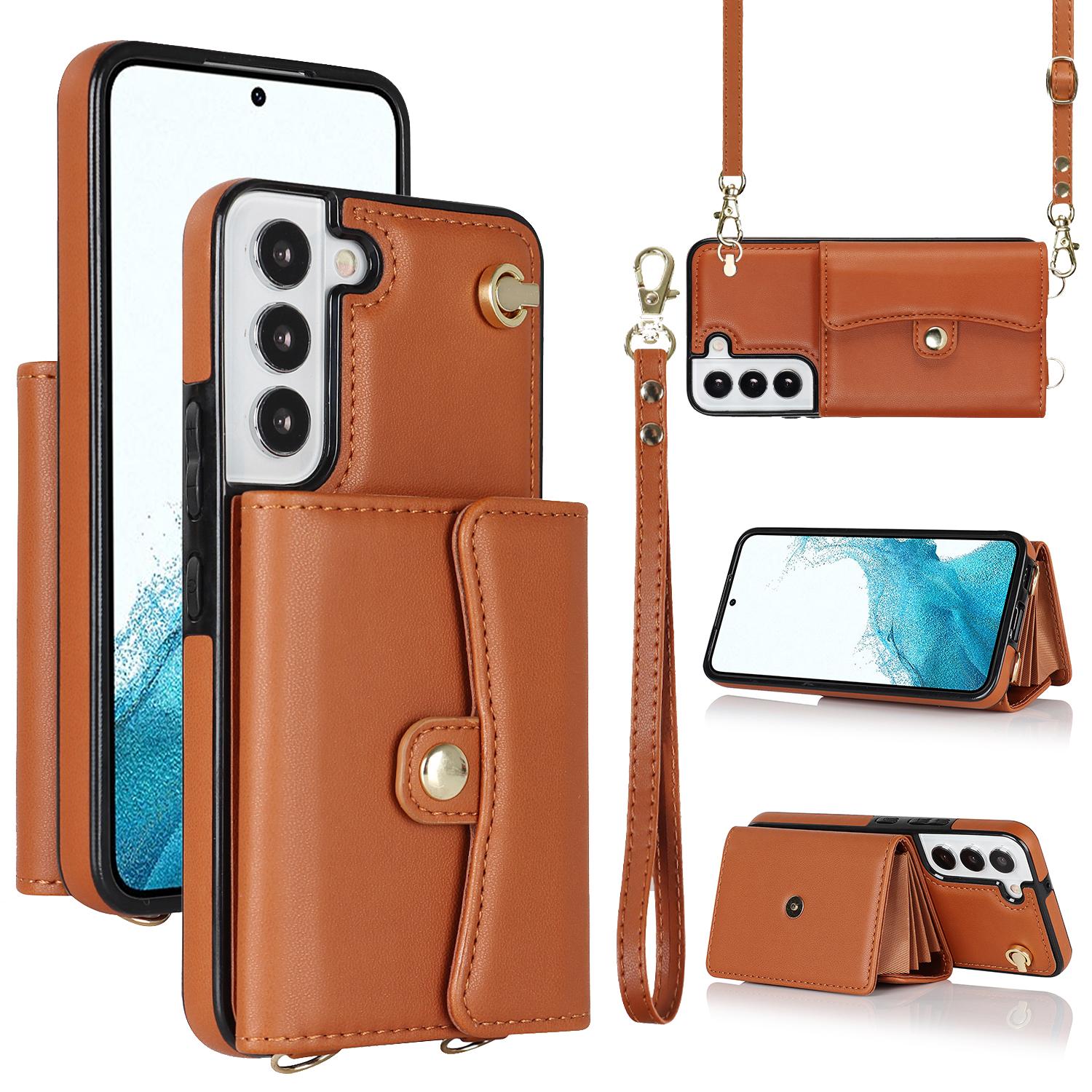 

For Samsung Galaxy S22+ 5G Kickstand Cell Phone Case Card Slots PU Leather+TPU Shell Cover with Short+Long Straps Brown