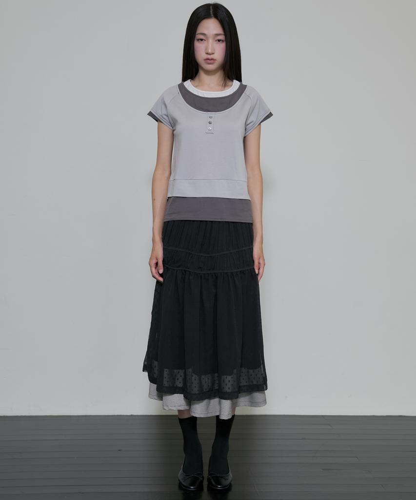 Peulleeoeob Layered Crinkle Check Skirt (Fl-269_Black)