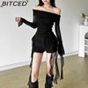 BITCED Autumn Women's Solid-Colour Slim-Fit Streetwear Off-the-Shoulder Long-Sleeved Backless Top