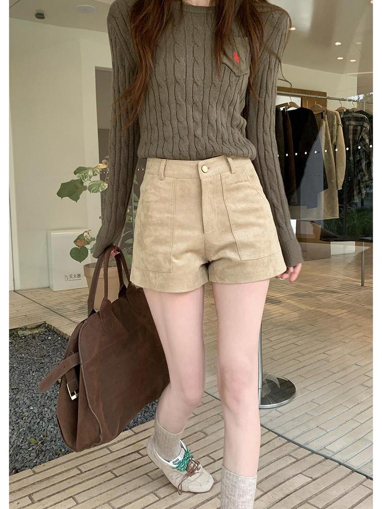Women's 2025 Retro Suede Wide-Leg Shorts - Casual Winter Bootcut with Large Pockets
