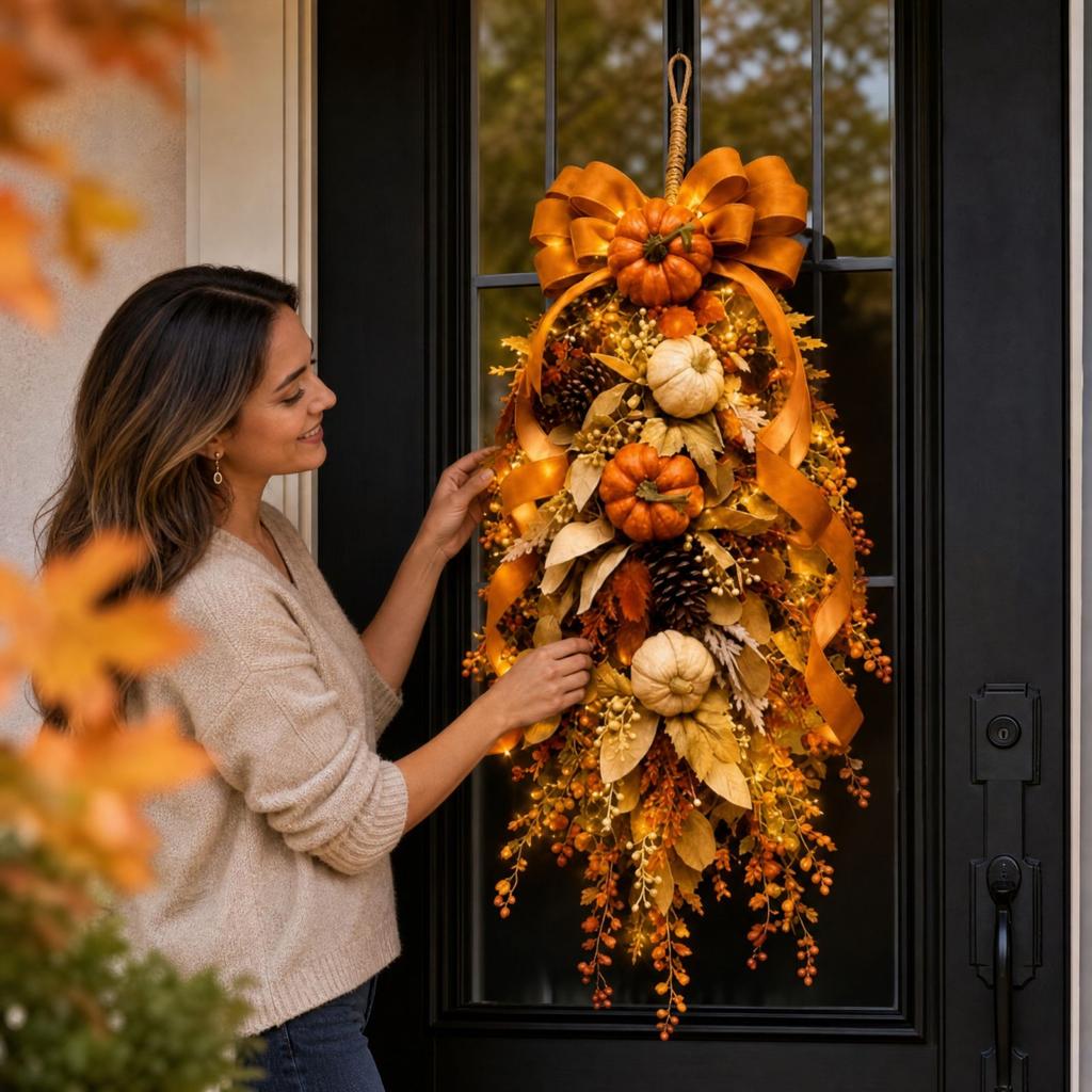 Front Door Wreath with Fall Leaves for Seasonal Home Decor