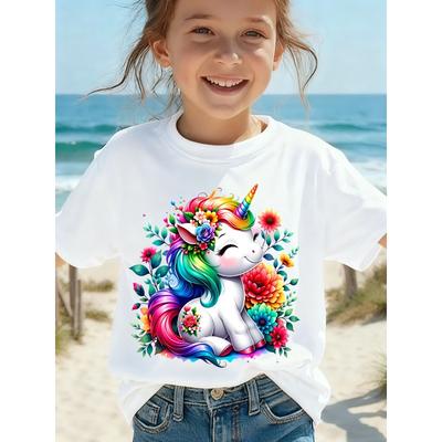 European Sizes Girls' Unicorn Short Sleeve T-Shirt Top, Kids Summer Casual Cute Outfit, Holiday Party Birthday Gift for Girls, Trendy Item