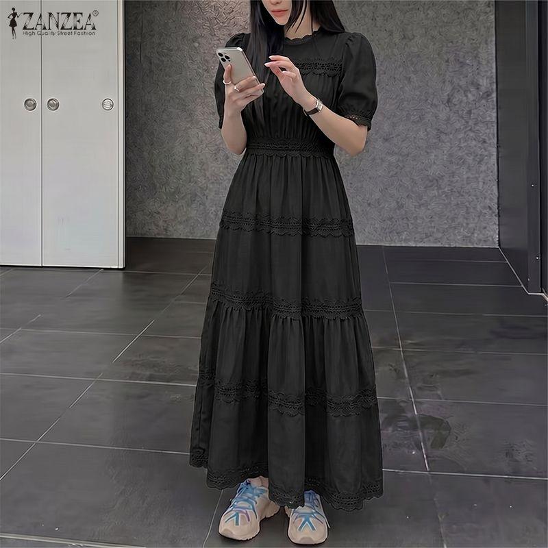 ZANZEA Women Elegant Round Neck Summer Casual Short Sleeve Long Dress