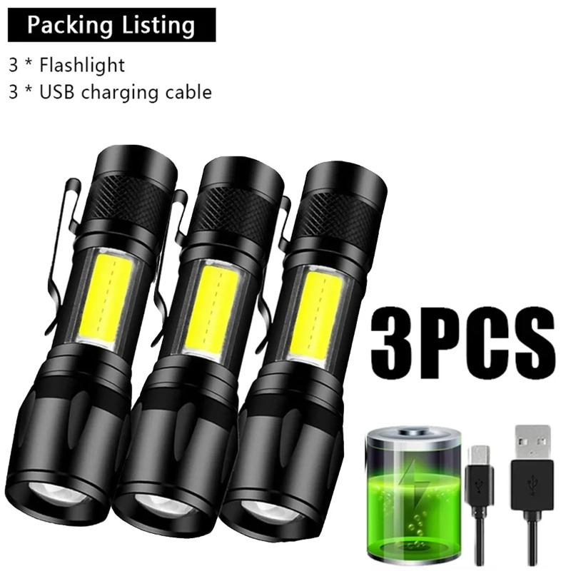 Powerful Mini LED Flashlight COB XPE Zoom Torch Built-in Battery USB Rechargeable with Pen Clip for Outdoor Camping Hiking Emergency Daily Use Light