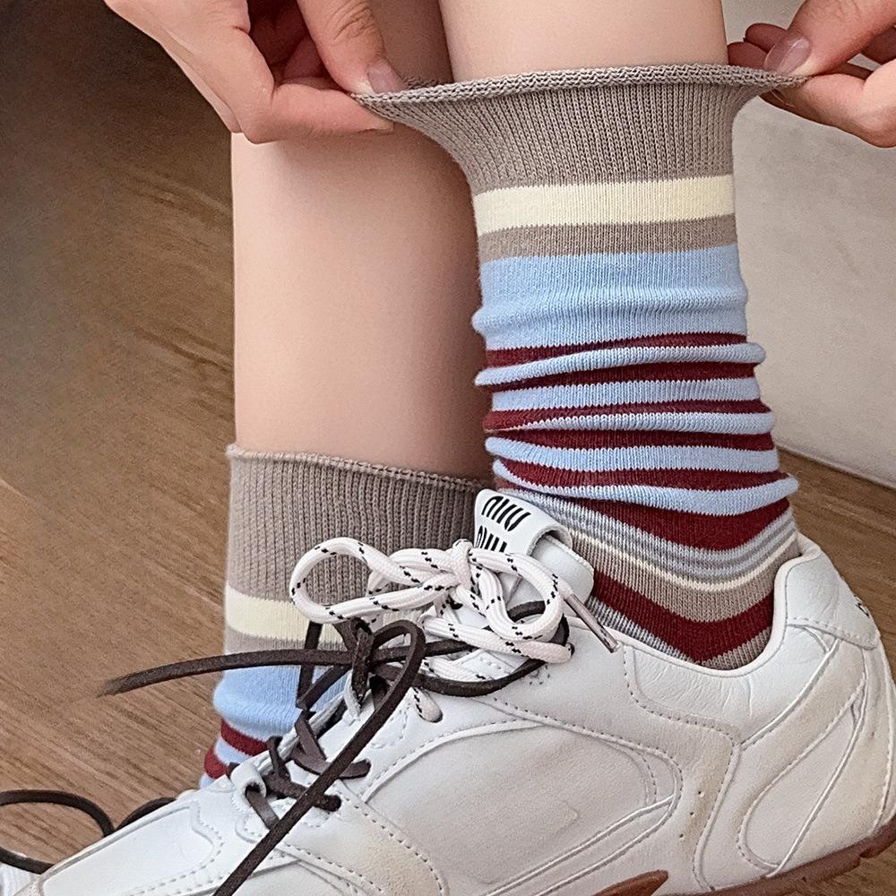 Striped Pile Pile Socks for Women's Mid-calf Retro School Style Autumn and Winter Color-blocked Boneless Thigh-high Socks