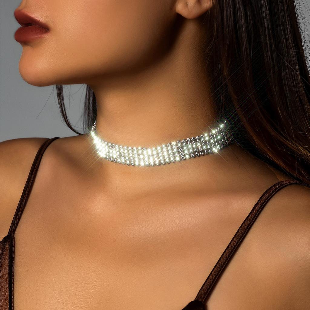 Jewelry, personalized wide-sided flash diamond show necklace, exaggerated full diamond bundle neck collar choker woman
