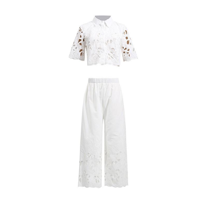 Fashionable Niche Design Two-piece Embroidered Hollowed-out Jacket High-waist Trousers Suit Women