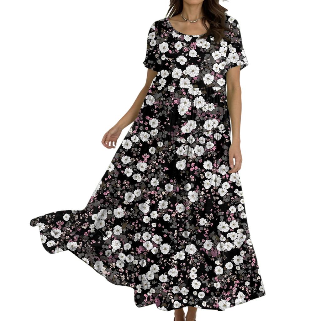 Damen Lässiges Lockeres Böhmisches Kleid mit Blumenmuster und Kurzen Ärmeln