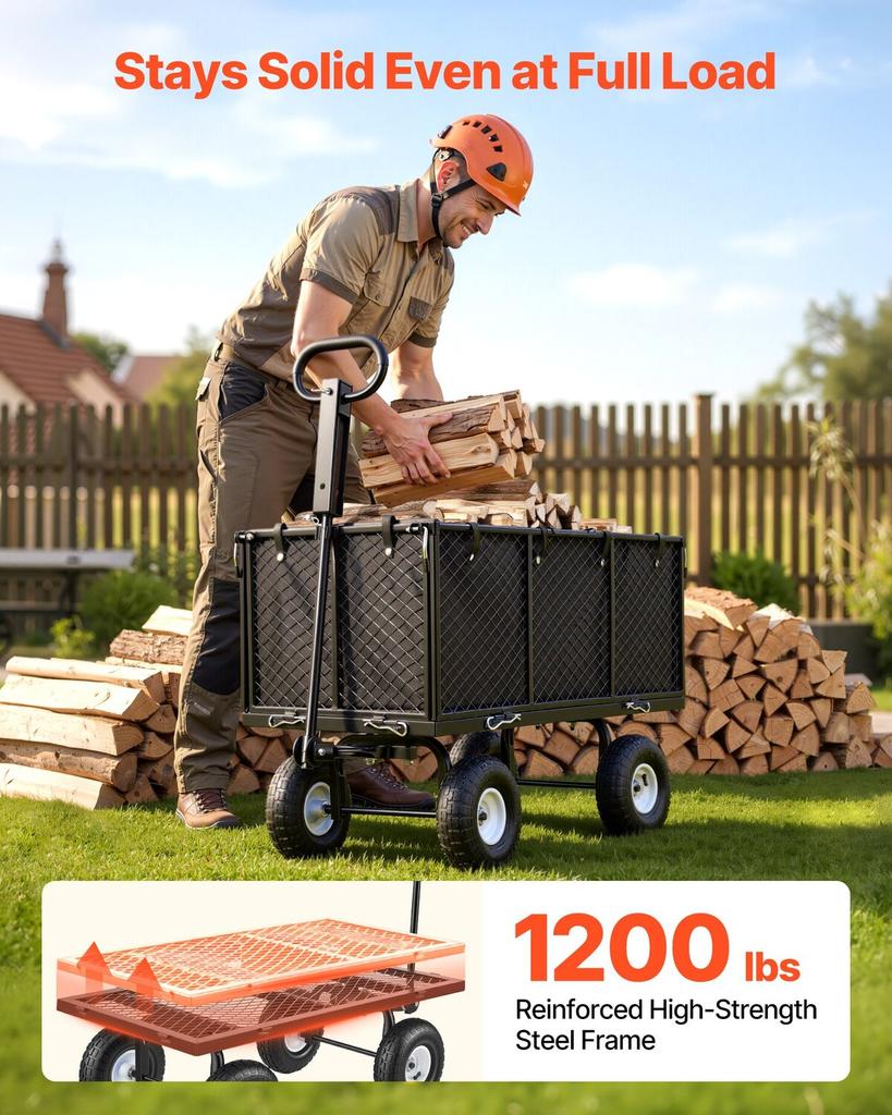 Garden Cart, 544.3 kg, Heavy Duty Steel Hand Trolley, Yard Utility Wagon Outdoor Transport Cart with 10-Inch Tires, Adjustable Handle, Detachable Side
