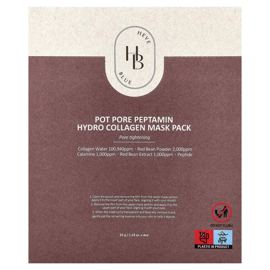HEVEBLUE Pot Pore Peptamine Hydro Collagen Beauty Mask Pack, 4 Sheets, 35g (1.23oz) Each