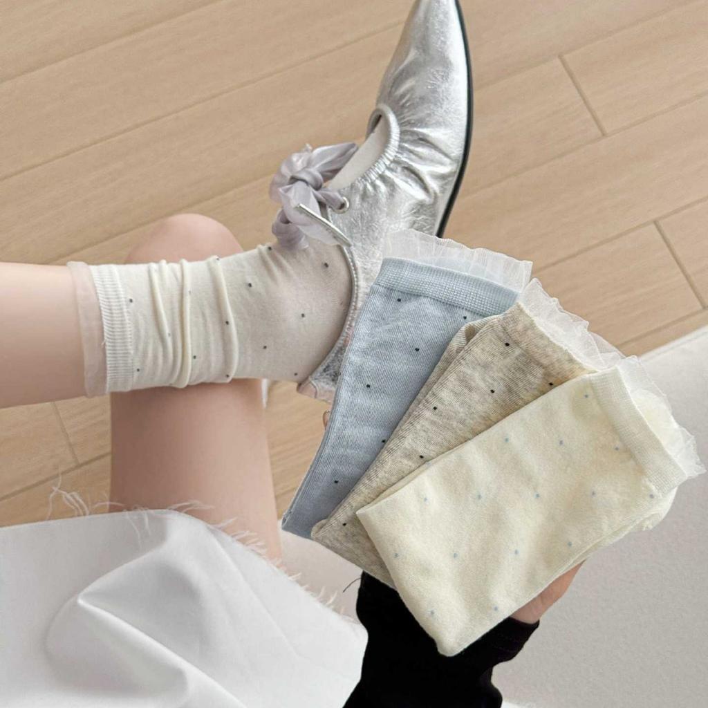 Lace Bubble Polka Dot Socks Light Socks With Small Leather Shoes