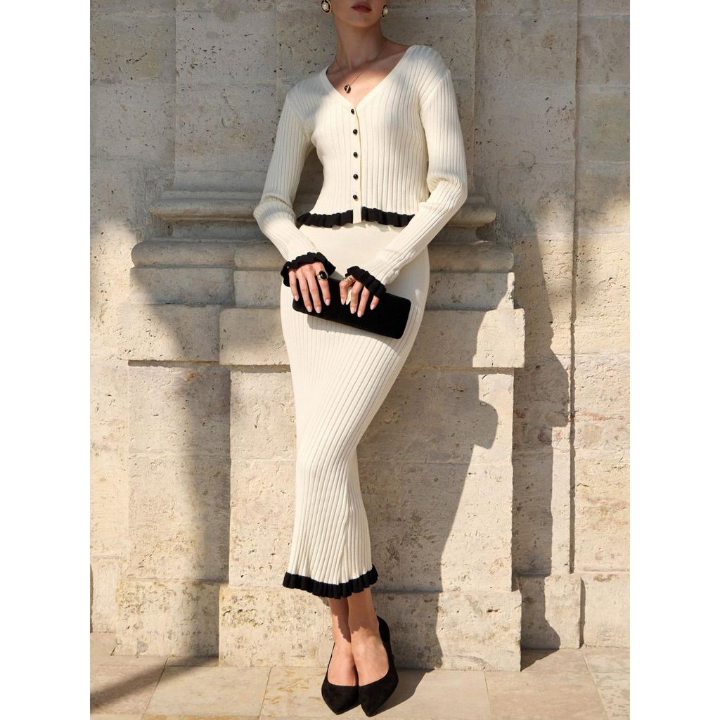 French Elegant Ruffle Edge Tight Knit Two-piece Set Women's Autumn and Winter Temperament Dress Set
