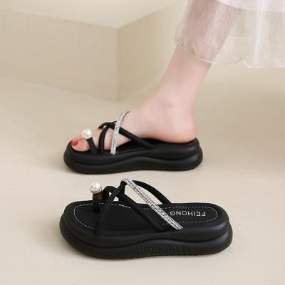 Retro Dicksohl-Slipper Damen Sommer 2025 Neu gekreuzte Riemen Perle Strass Zehenbedeckung Römische coole Slipper
