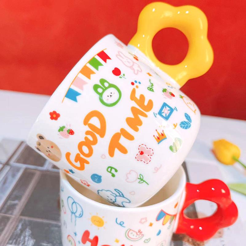 Birthday Souvenir Gift Cute Cartoon Mug Ceramic Cup Flower Handle
