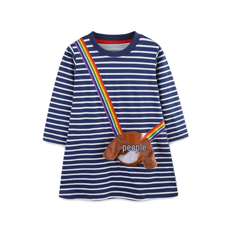 Autumn Girls Striped Long Sleeve Princess Dress with Applique - European & American Style 6Y