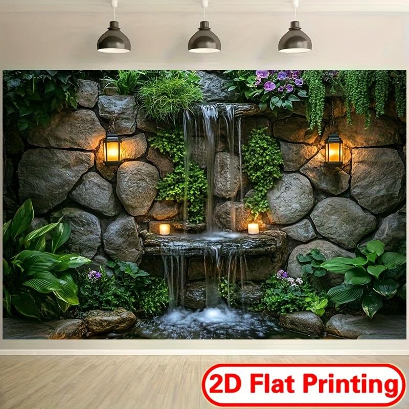 

VIKAMA Courtyard Waterfall Tapestry Vintage Natural Stone Wall Water Scenery Healing Zen Style Living Room Room Decoration 74x94cm(29x37in)