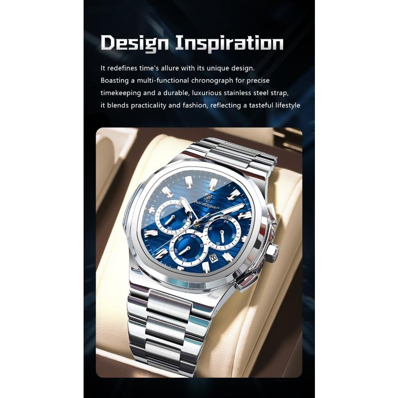 POEDAGAR Business Man Wristwatch Date Chronograph Waterproof Luminous Luxury Watch Stainless Steel Quartz Watches Male