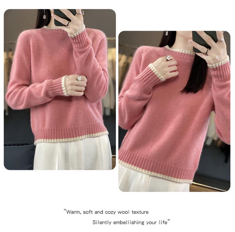 Women's Loose Color Block Cashmere Wool Sweater - Round Neck, Thick, and Stylish for Autumn & Winter