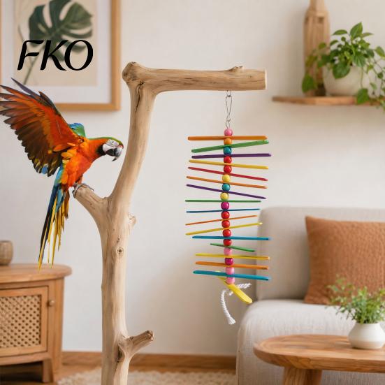 Parrot Anxiety Relief Toy Wooden Strips Toy, Bird Chew with Colorful Beads, Chewing And Climbing Cage Accessory for Budgie Conure