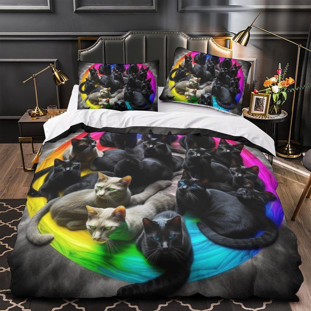 3D Digital Printing Color Cat Series Quilt Cover Pillowcase Two Or Three-Piece Set Polyester Abraded