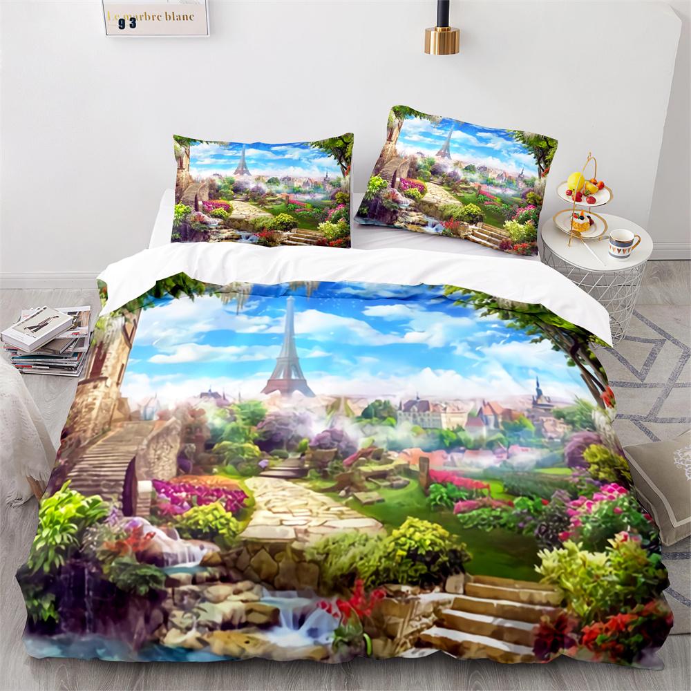Paris Eiffel Tower Themed Couple Duvet Cover Set Cityscape Comforter Cover Romantic Polyester Bedspread Cover Pink Floral King