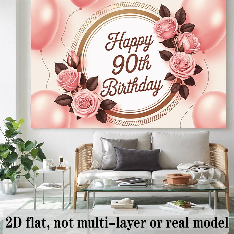 90th Birthday Banner, Pink Roses Golden Frame Backdrop Wall Decor for Party