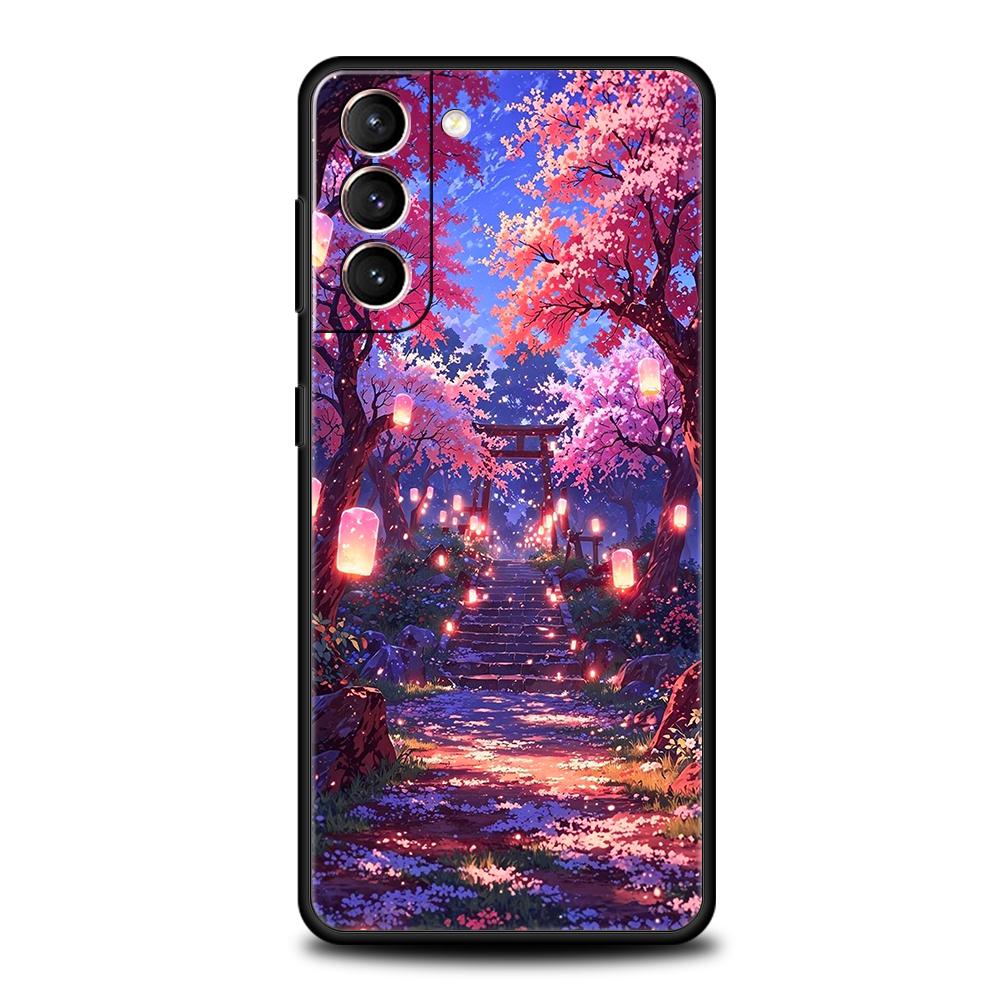 Japanese Style Temple And Cherry Blossoms Phone Case for Samsung Galaxy S25 S24 S23 S22 S20 S21 FE Ultra Plus S25Edge Soft TPU