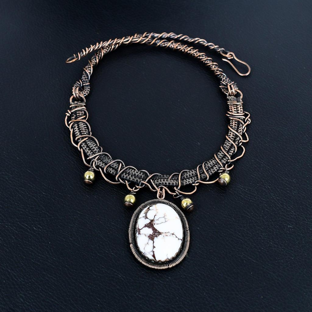 Wild Horse 999 Copper Wire Wrapped Necklace, Handmade Gemstone Jewelry Necklace For Memorial Day