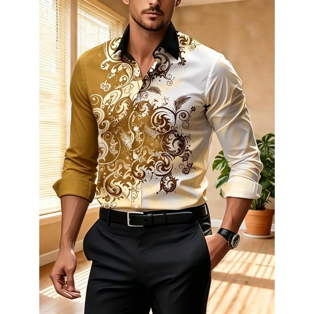Men's Contrasting Baroque Printed Long Sleeved Shirt, Slim Fit Collar Shirt, European and American Party Trend Men's Top
