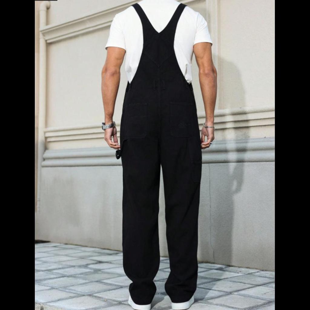 Men's Trendy Wide-Leg Black Denim Overalls - Loose Straight-Leg Jumpsuit Workwear