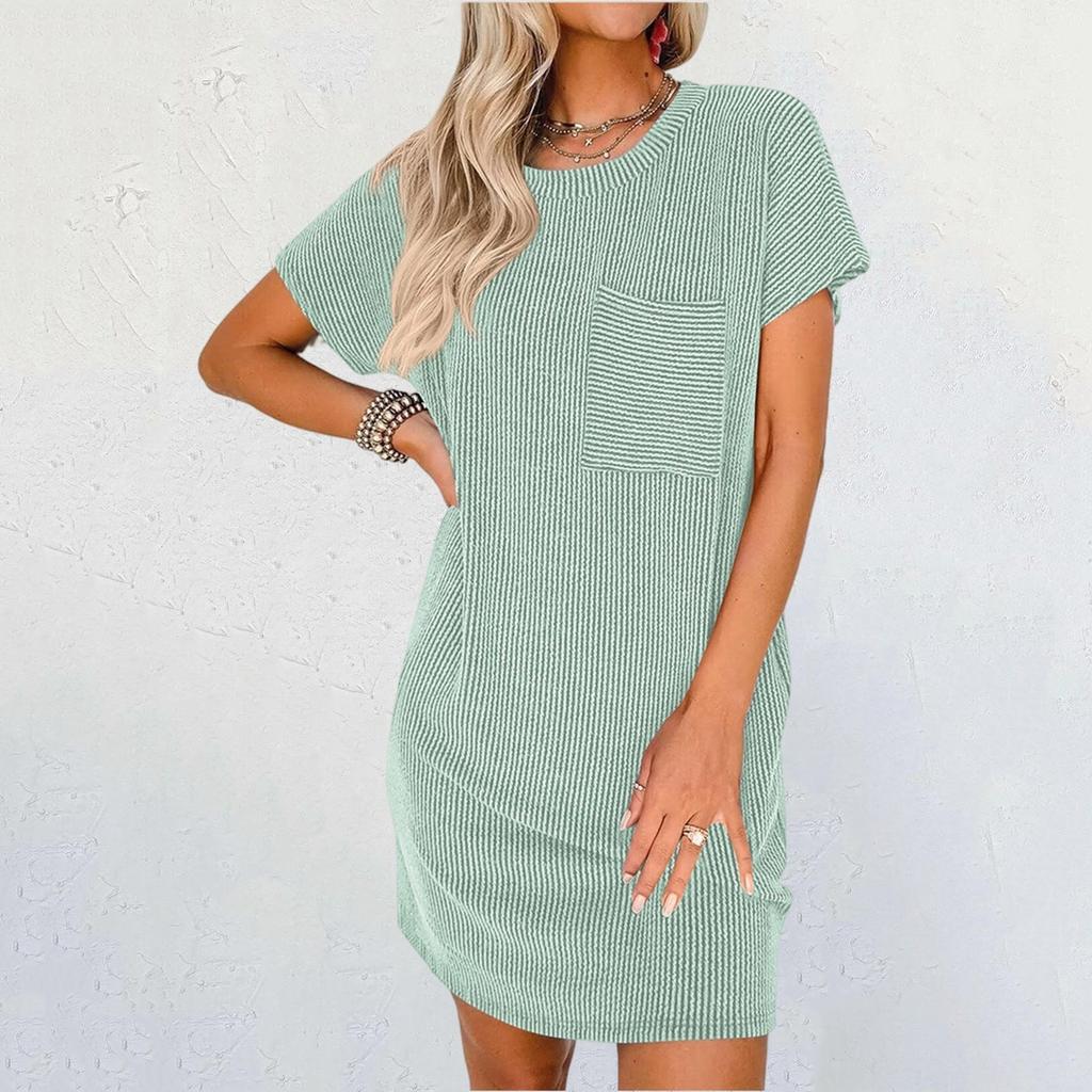 Damen Lässiges Modekontrastfarbenes verdrehtes Streifen-Kurzarmtaschenkleid