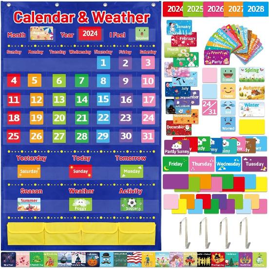 Calendar and Weather Pocket Chart for Kids with 136 Cards Classroom Calendar Pocket Chart School Homeschool Calendar Classroom Supplies Large 44.5  x