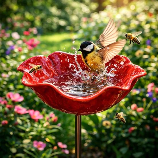 Blomsterstolpe i metall, pollinatorvänlig vattenmatare, fågelbad utomhus med stolpe, bi-vattningsstation för trädgård, gräsmatta, gårdsdekoration