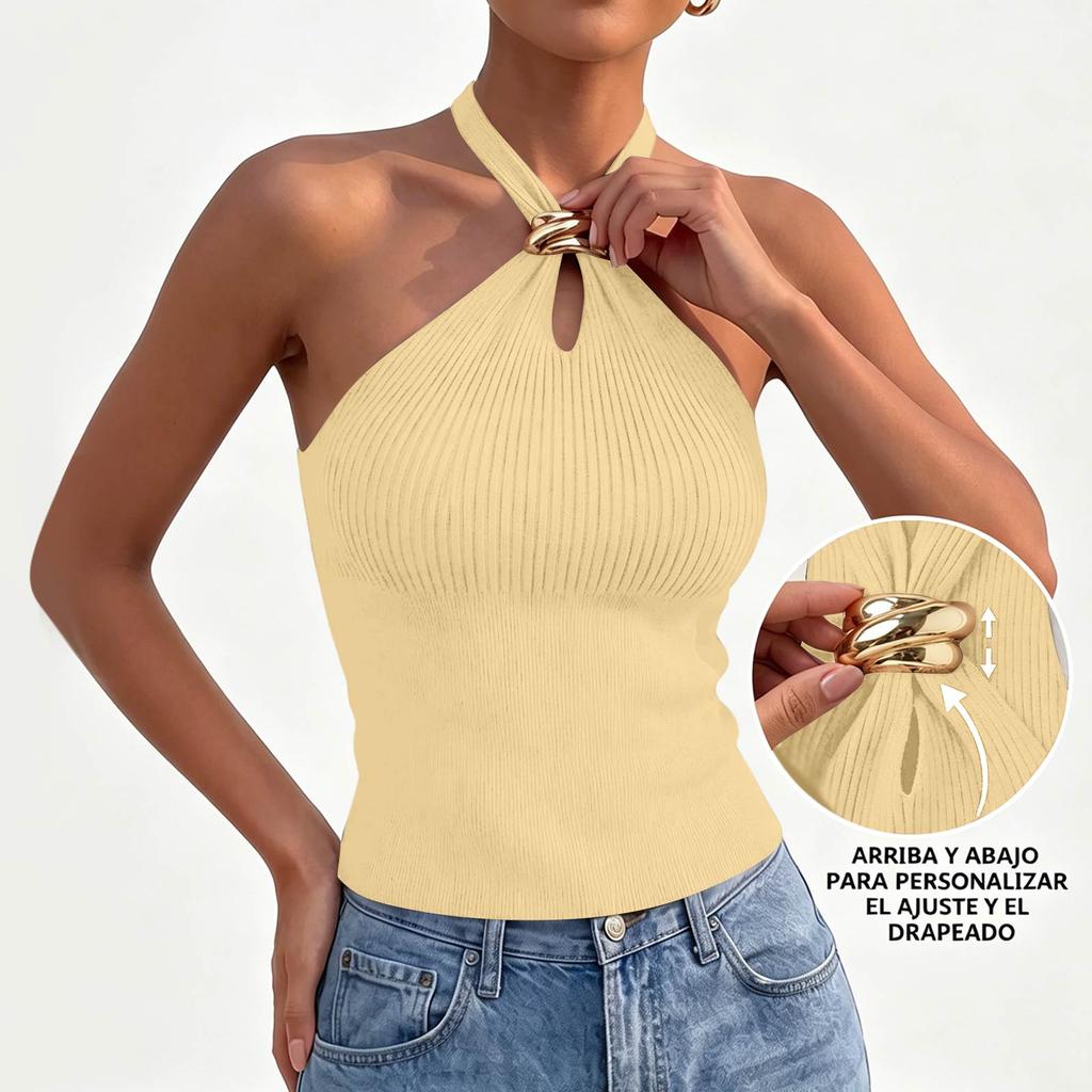 Women Sleeveless Ribbed Knit Halter Neck Crop Top with Metal Ring Buckle Slim Fit Stretchy Summer Casual Tank Top
