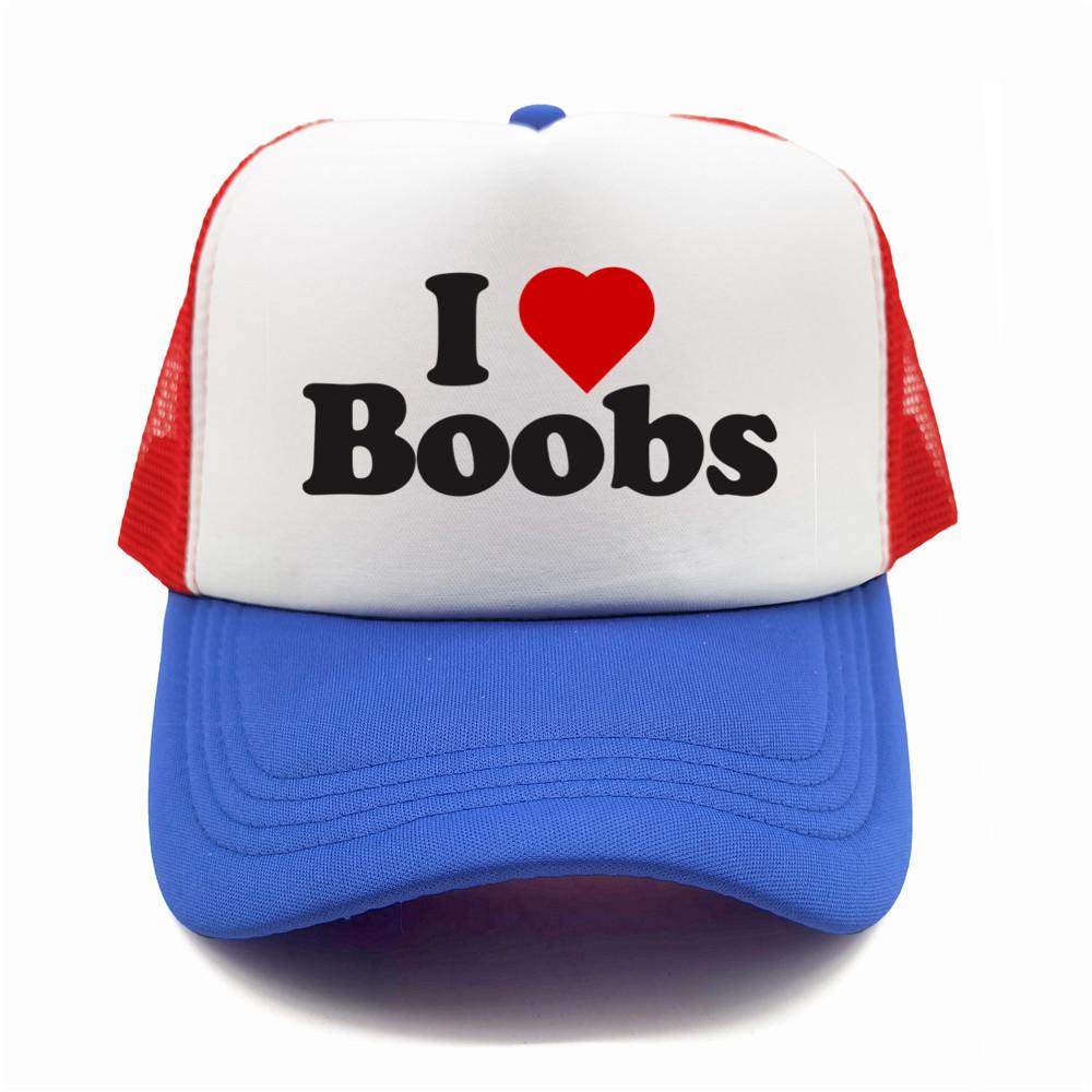 Funny I Love Heart Boobs Boobies Baseball Caps Summer Men Mesh Net Hat Joke Gifts Trucker Cap Outdoor Mesh Net Caps MZ079