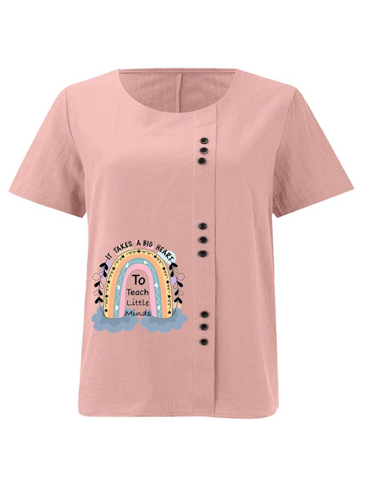 Women s Fashion Rainbow Letter Pattern Print Shot Sleeve T-shirt Loose Cotton Shirt Casual Loose Summer Blouse Tops Plus Size S розовый