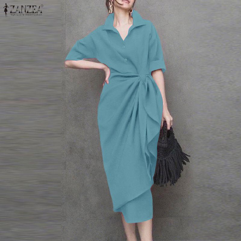 ZANZEA Women Classic Collar Summer Casual Half Sleeve Sheath Dress