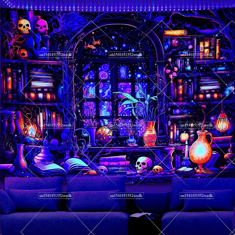 

Magic Bookshelf Blacklight Tapestry UV Reactive Skull Library Neon Tapestrys Aesthetic Witchy Alchemy Fluorescent Tapestries 95x73cm