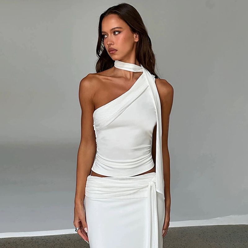 

Sisjuly Shoulder Niche Style Pure Color Silm Vest White M