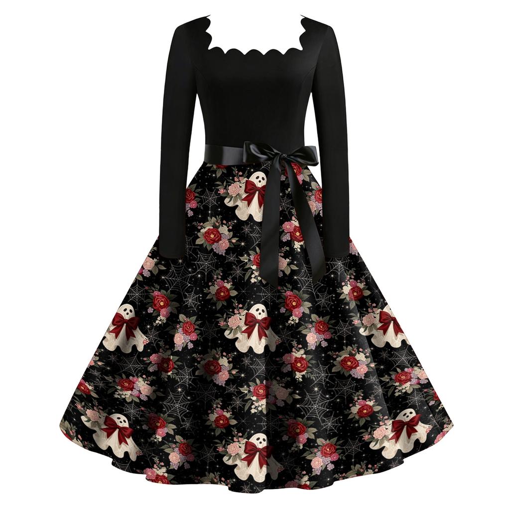 Women's Vintage Long Sleeve Square Neck Halloween Print Party Dress with Flared Skirt and Waist Tie for Evening Events
