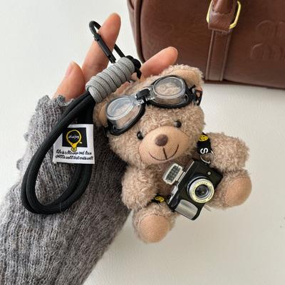 Camera Little Brown Bear White Shoes Keychain Little Panda Soft Cute Plush Doll Bag Pendant