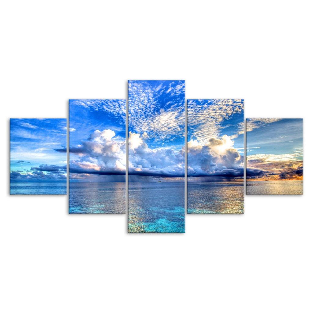 Blue Sky White Clouds Sea View 5 Piece Five Panel Wall Canvas Print Modern Art Poster Picture Home Decor Gift For Him For Her