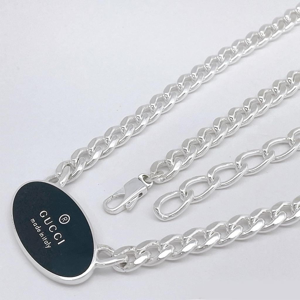 Gucci Trademark Oval Tag Necklace Pendant In Black and 797049 J8410 8163 Silver, [Used]