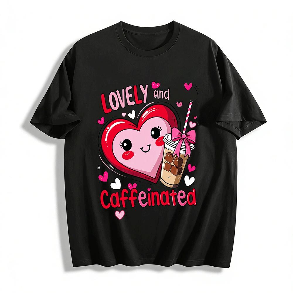 Lovely And Caffeinated Heart Coffee Graphic Casual Tee Pure cotton T-shirt XXS