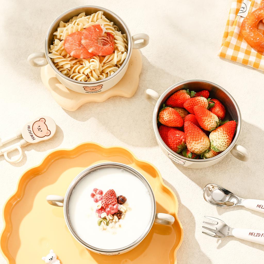500ml Double-Layer Rice Bowl Cartoon Anti-scalding 304 Stainless Steel Soup Bowl For Kid Double Handle Food Container
