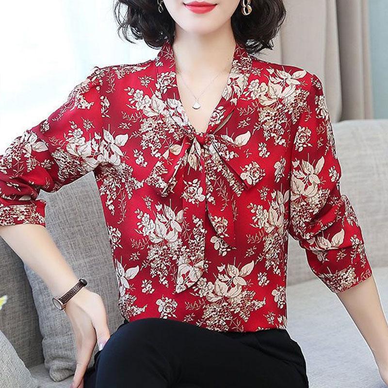 

Fashion Vintage Plant Printed Shirt Women s Clothing Loose Long Sleeve Commute Spring Autumn Elegant V-Neck Bandage Bow Blouse L червоний