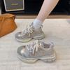 Thick-soled Imitation Leather Dad Shoes for Women 2025 Autumn New Mesh Breathable Versatile Casual Sports Running Shoes