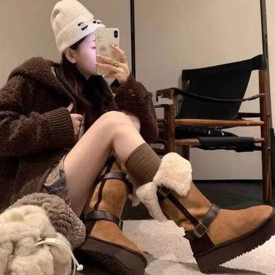 Long Tube Two Wear Flanged Snow Boots Winter New Piled Thickened Cotton Boots Warm Fluffy Cotton Shoes